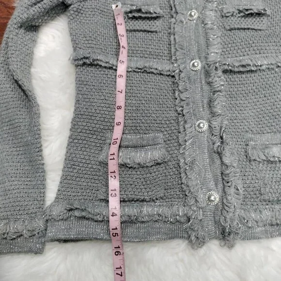 INC International Concepts Gray Silver Speckles Fringe Trim Knit Cardigan XL - Picture 12 of 12